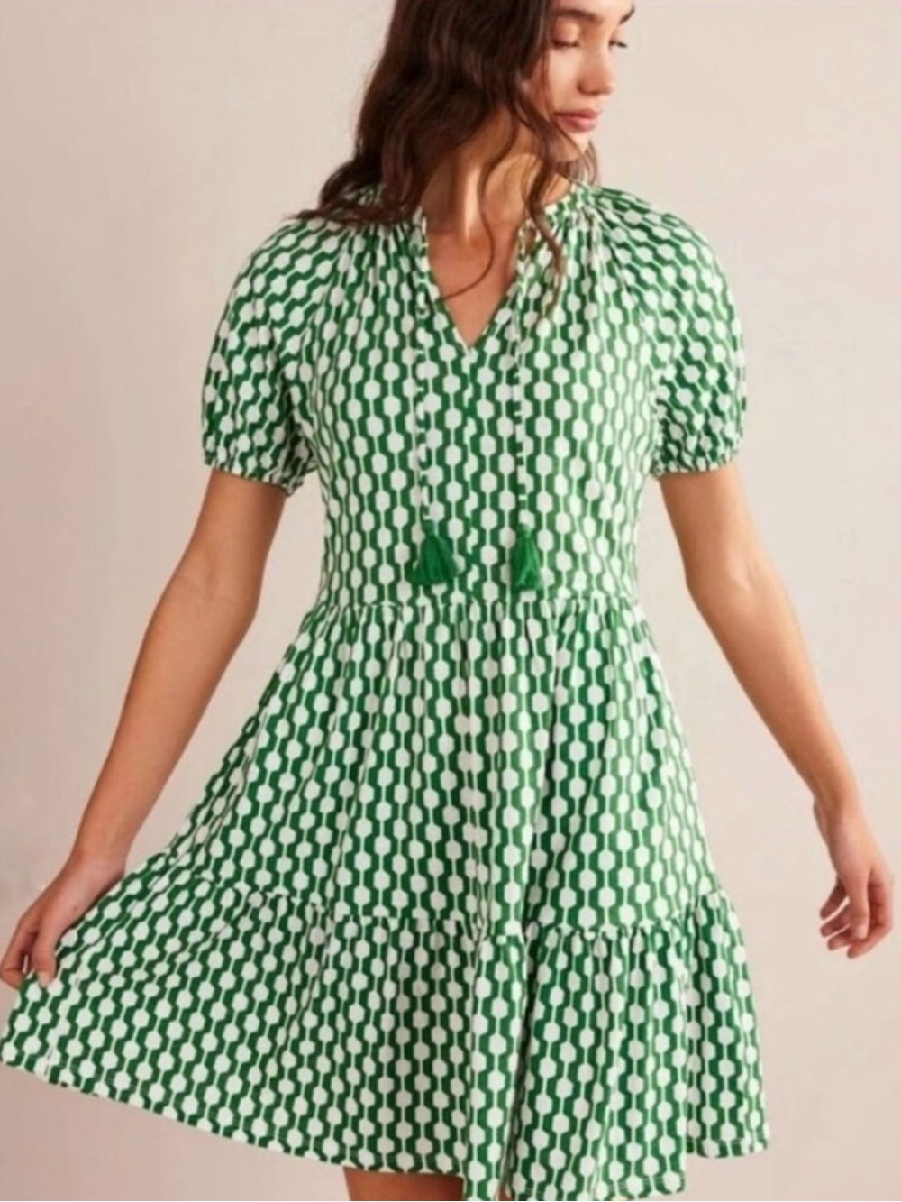 Boden Geo Azure Jersey Mini Dress Green White Tassel Size US 2R - Picture 2 of 11